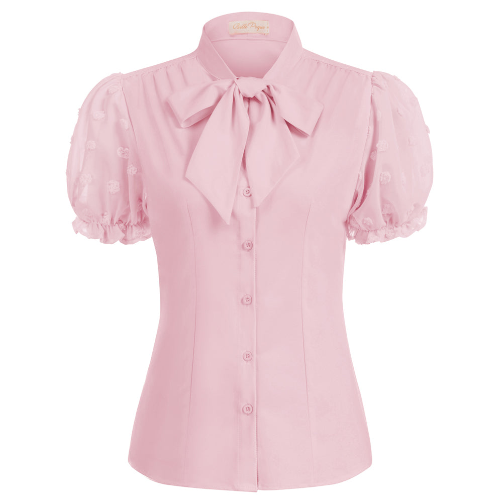 belle poque Bow-Knot Decorated Shirt Short Sleeve Stand Collar Tops Pink