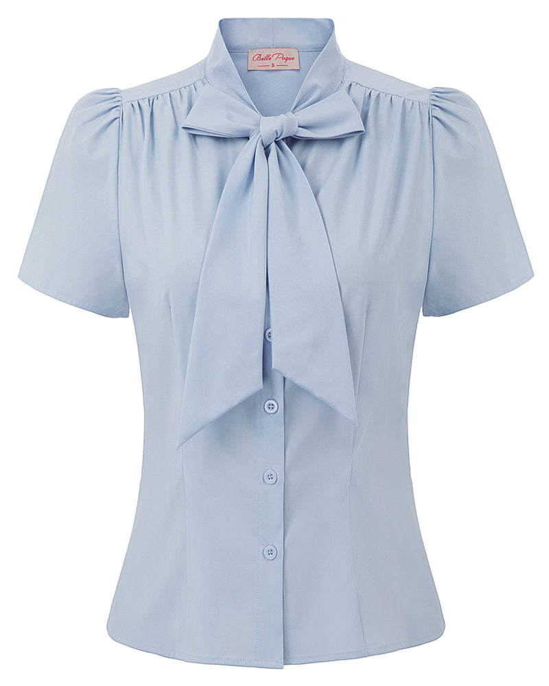 belle poque Summer Short Sleeve Office Button Down Blouse Stripe Shirt Tops with Bow Tie