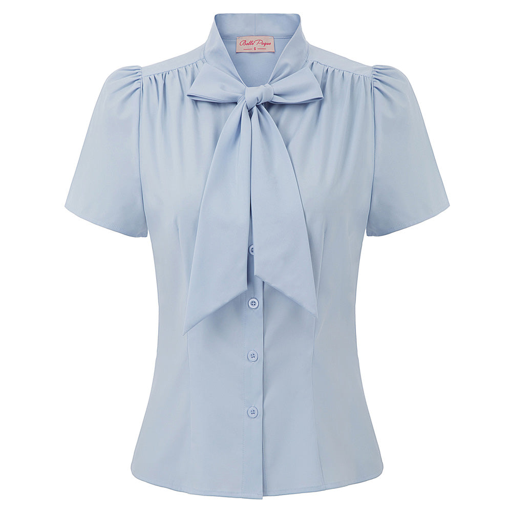 belle poque Summer Short Sleeve Office Button Down Blouse Stripe Shirt Tops with Bow Tie
