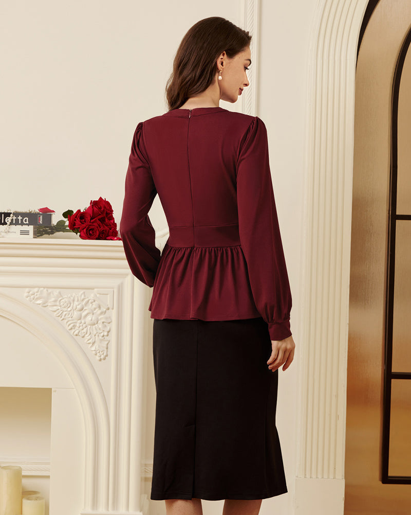 belle poque Women Retro Defined Waist Tops Long Lantern Sleeve Crew Neck Pullover Tops