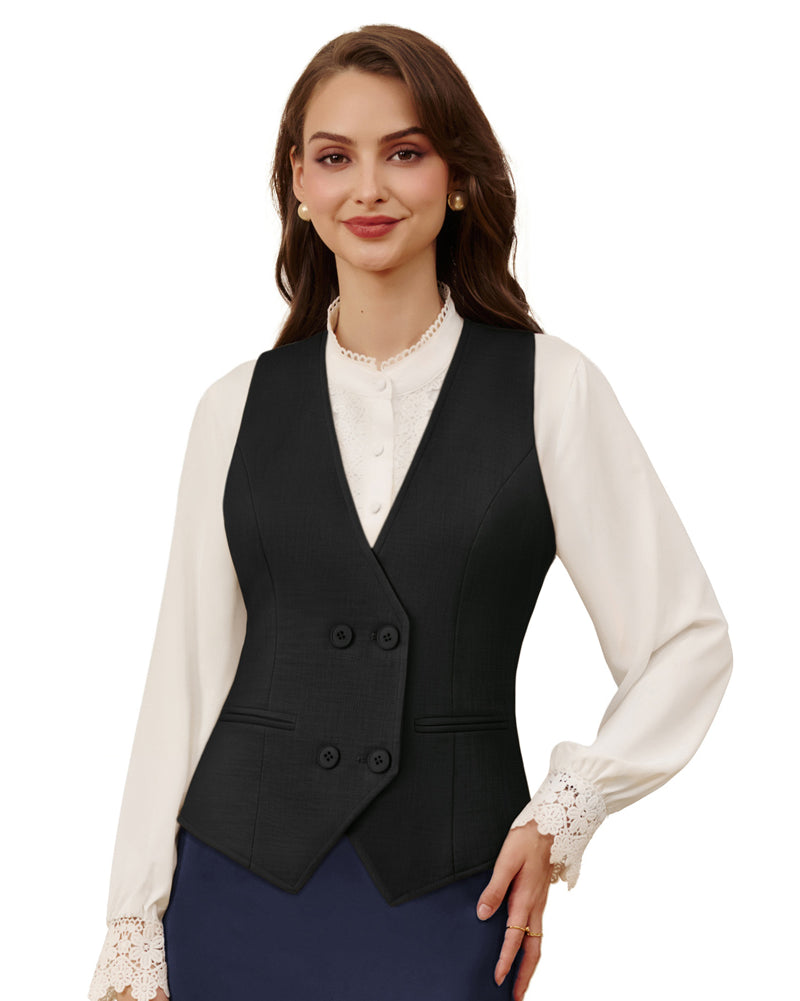 belle poque Women Double Breasted Vest Coat V-Neck Handkerchief Hem Business Waistcoat