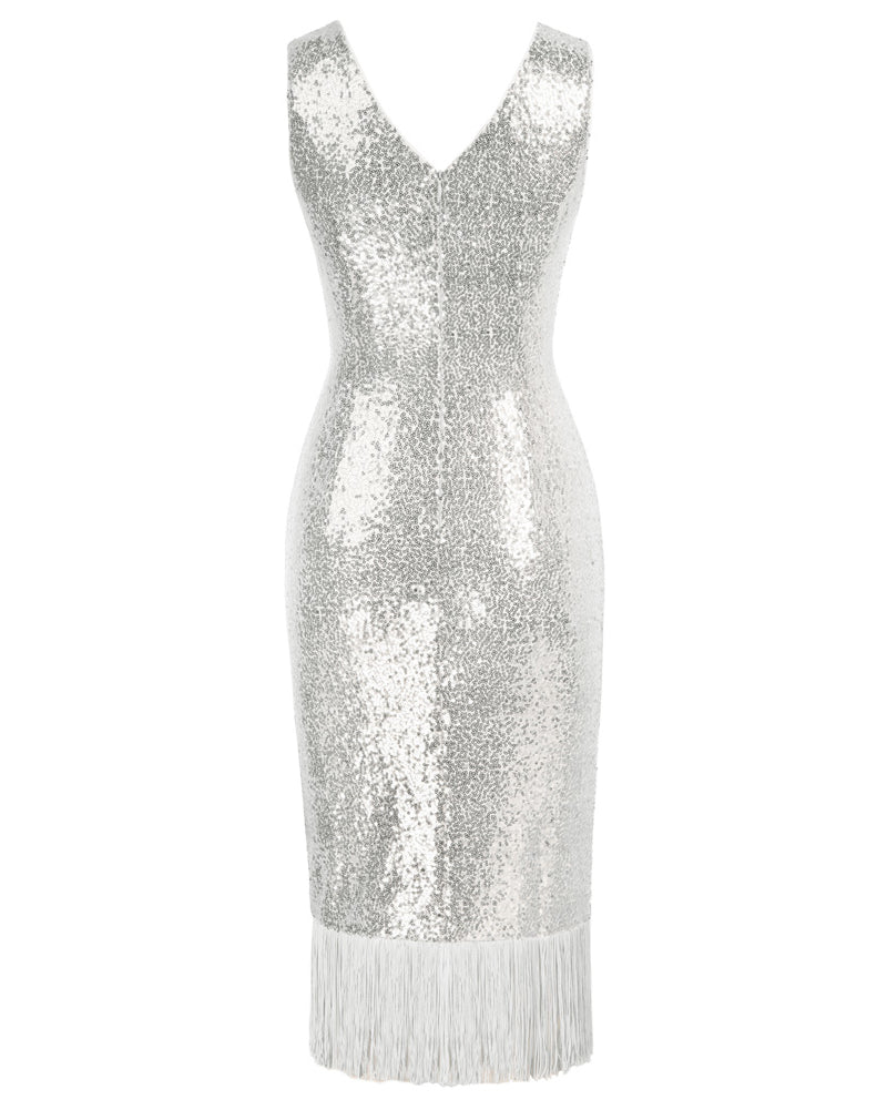 belle poque Seckill Offer⌛Sequined Sleeveless V-Neck Tassel Decorated Wrap Hem Party Dress