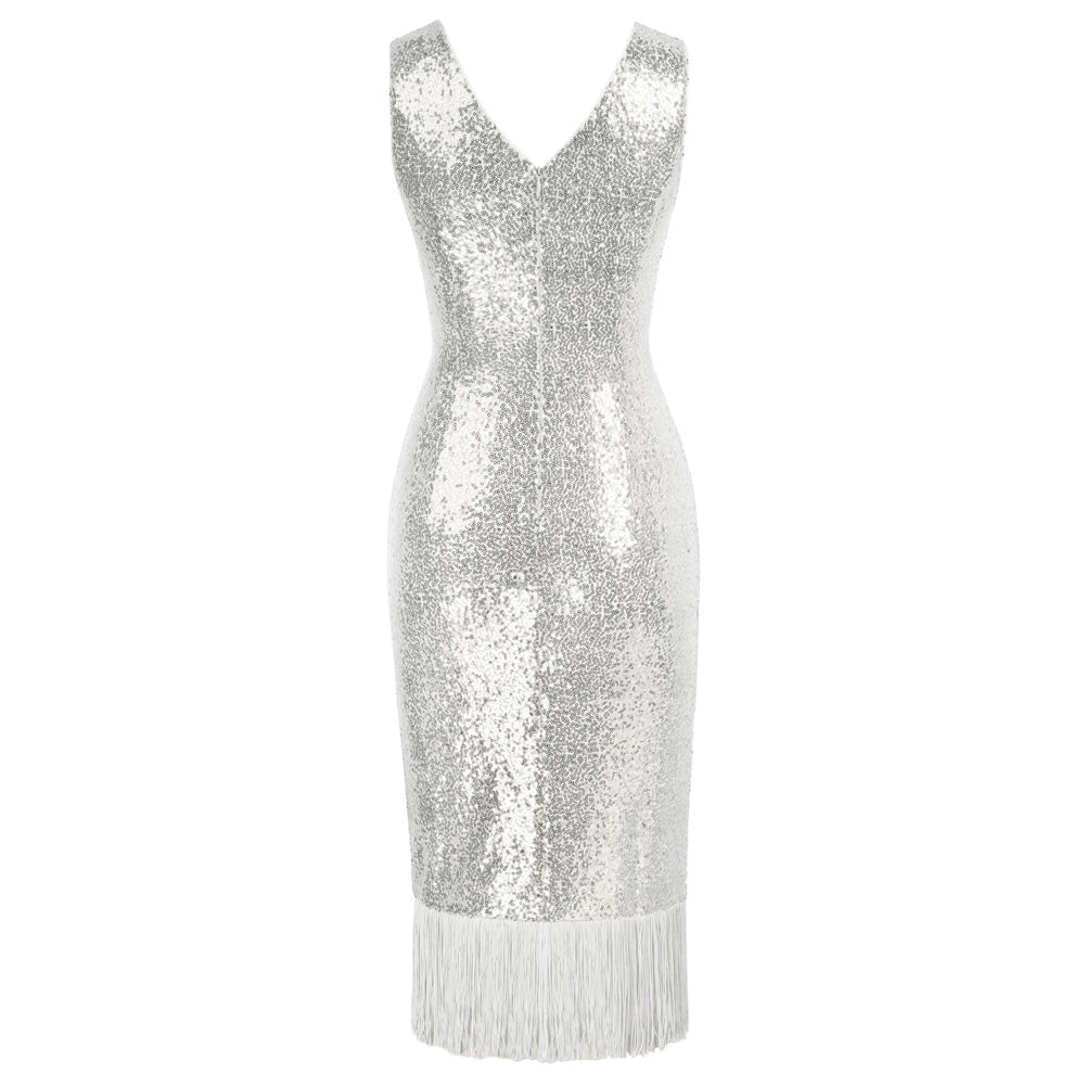 belle poque Seckill Offer⌛Sequined Sleeveless V-Neck Tassel Decorated Wrap Hem Party Dress