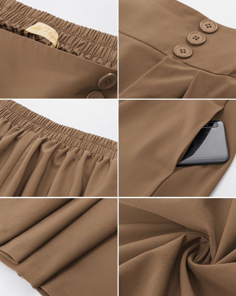 belle poque Women's Vintage Pleated Buttons Elastic Waist High A-Line Skirt