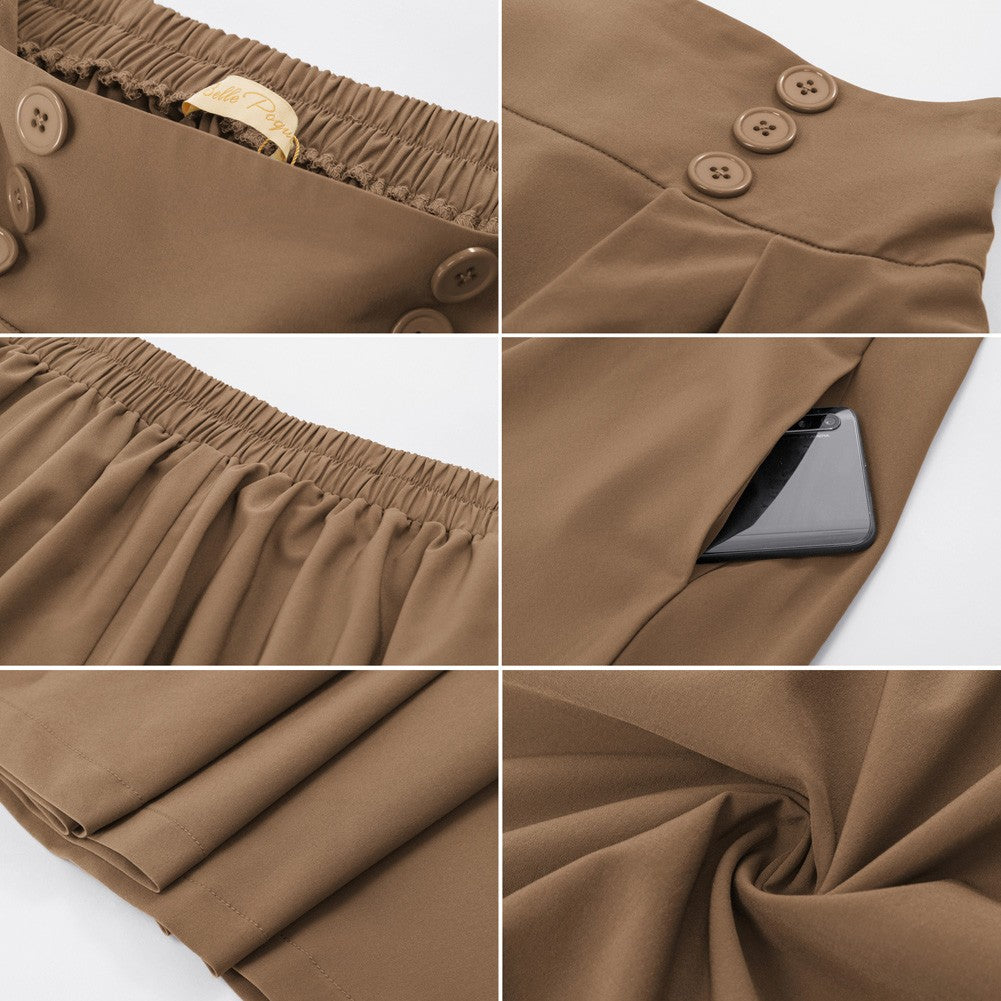 belle poque Women's Vintage Pleated Buttons Elastic Waist High A-Line Skirt