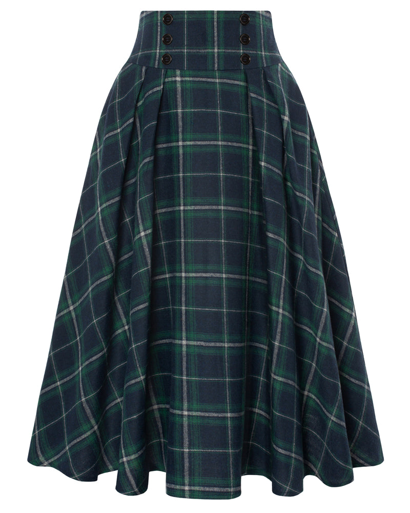 belle poque Plaid Skirts for Women High Waisted Midi Skirt A-line Pleated Fall Skirts 2025 Green