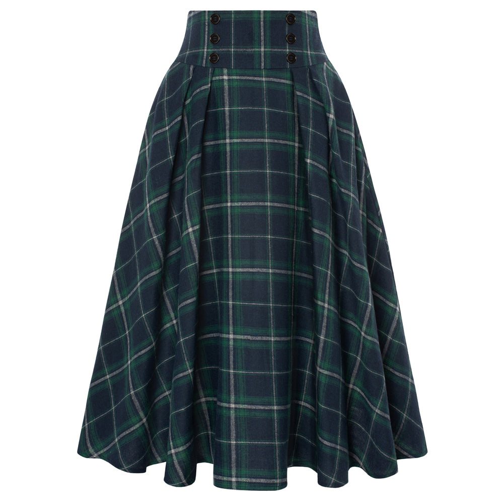 belle poque Plaid Skirts for Women High Waisted Midi Skirt A-line Pleated Fall Skirts 2025 Green