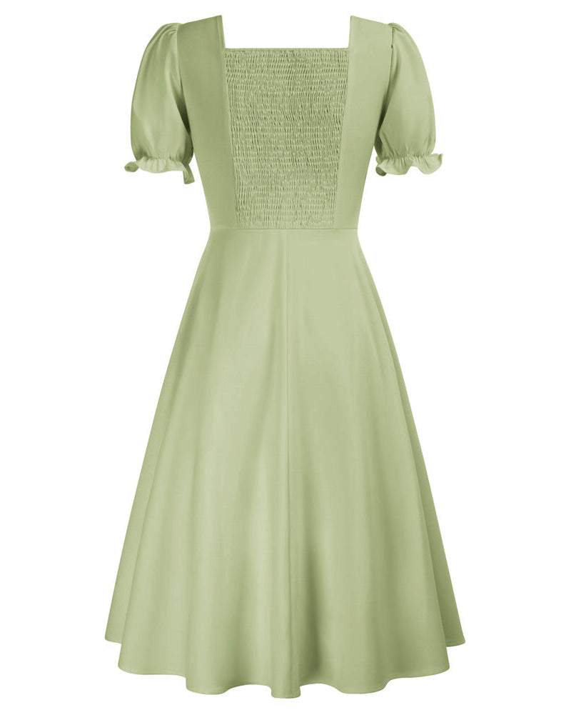 belle poque Vintage Strawberry Patterns Front Slit Dress Puffed Short Sleeve Sweetheart Neck Dress