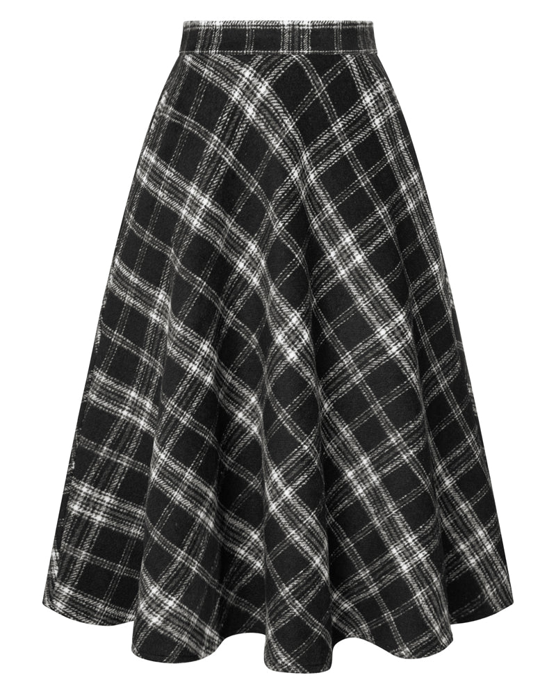 belle poque Women Vintage Plaided Swing Skirt Elastic Waist Mid-Calf Length A-Line Skirt Black
