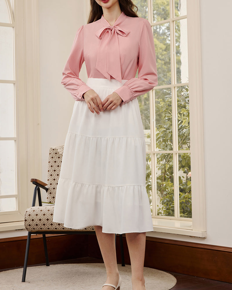 belle poque Women's Bow Tie Neck Blouse Button Down Shirt for Work Office Casual