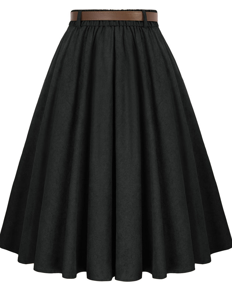 belle poque Corduroy Skirt with Belt Elastic High Waist Mid-Calf Swing Skirt