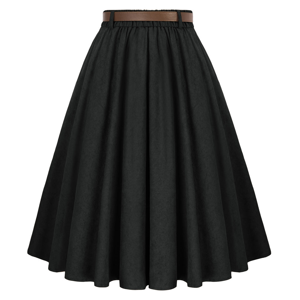belle poque Corduroy Skirt with Belt Elastic High Waist Mid-Calf Swing Skirt