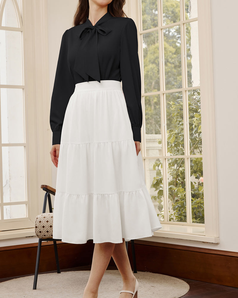 belle poque Women's Bow Tie Neck Blouse Button Down Shirt for Work Office Casual