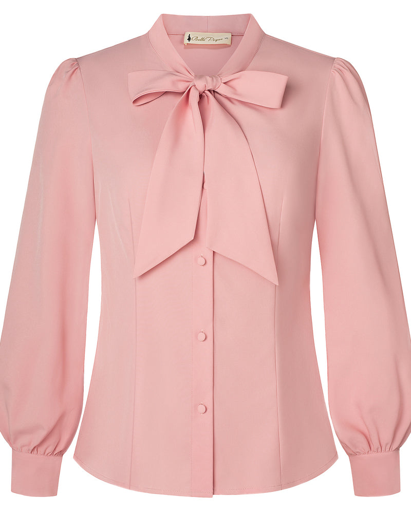 belle poque Women's Bow Tie Neck Blouse Button Down Shirt for Work Office Casual Pink