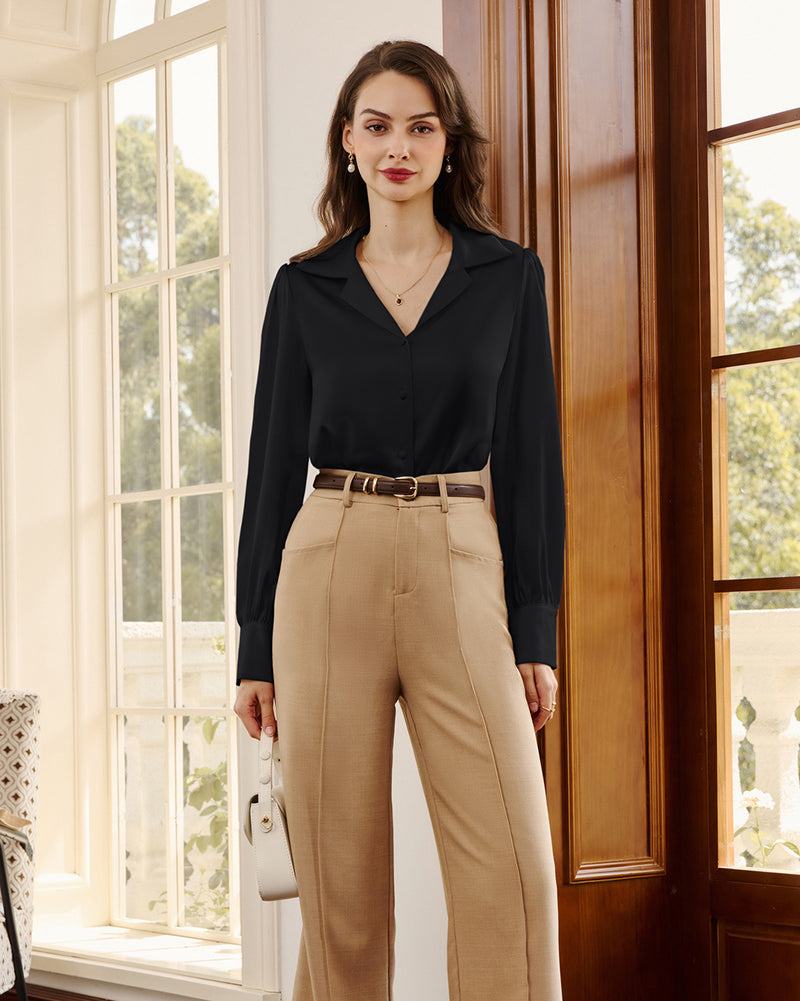 belle poque Women Vintage Shirt OL Long Sleeve Lapel Collar V-Neck Button-up Tops