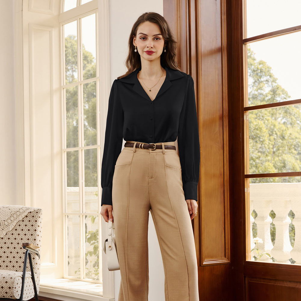 belle poque Women Vintage Shirt OL Long Sleeve Lapel Collar V-Neck Button-up Tops