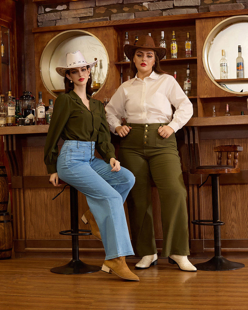 belle poque Vintage Straight Leg High Waisted Elastic Waist Multi-Pocket Flare Denim Pants