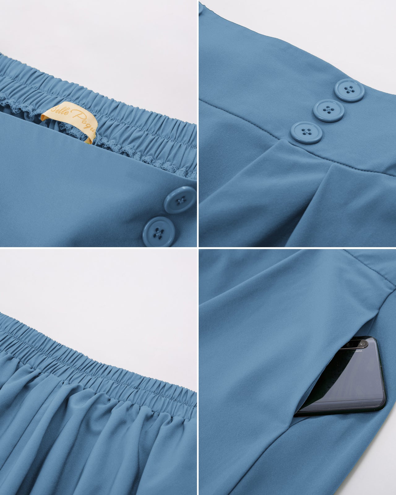 belle poque Women's Vintage Pleated Buttons Elastic Waist High A-Line Skirt