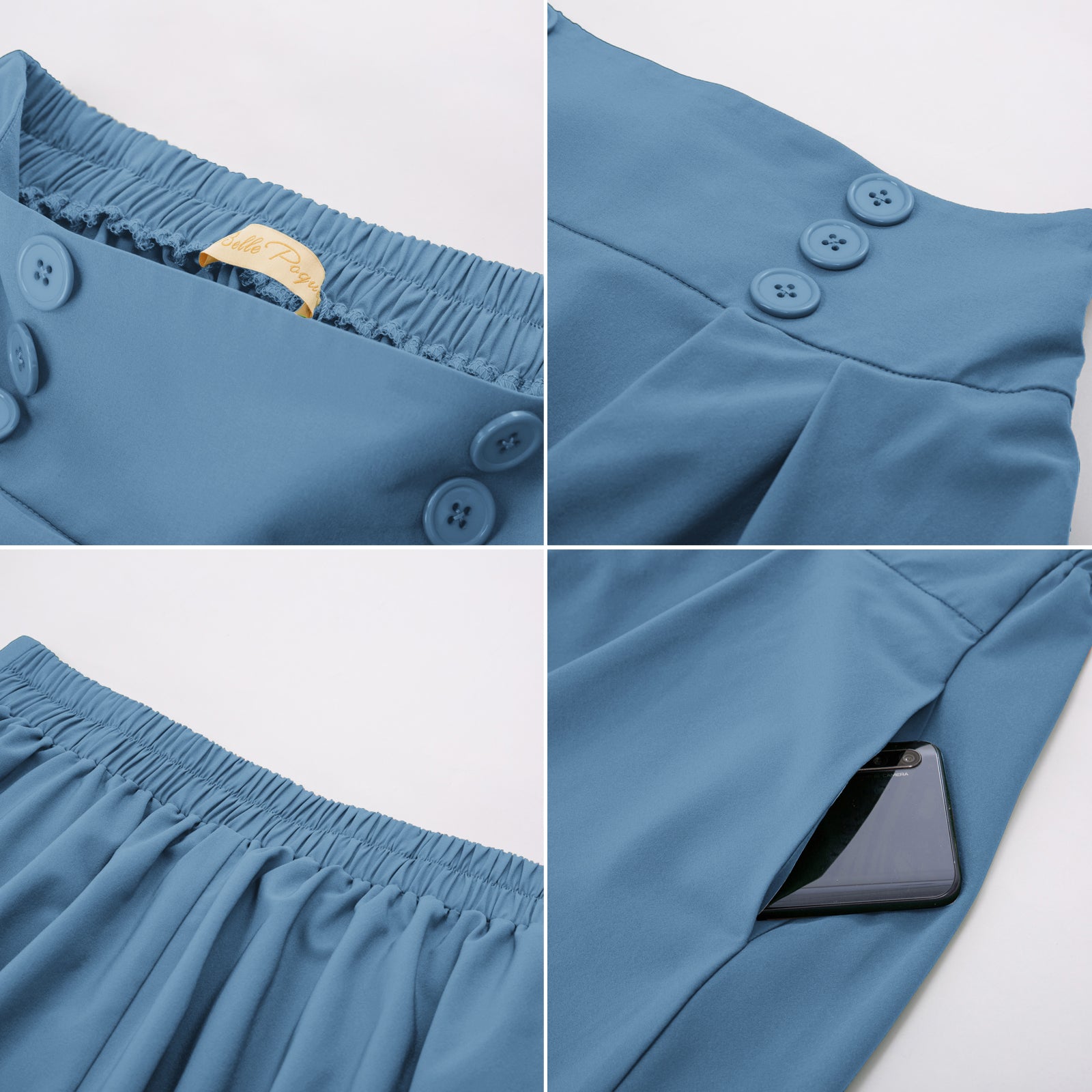 belle poque Women's Vintage Pleated Buttons Elastic Waist High A-Line Skirt