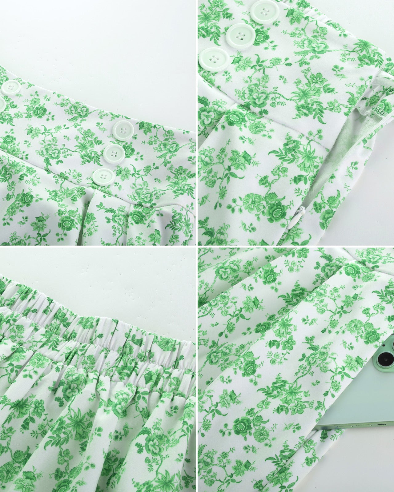 belle poque Pleated Buttons Decorated Elastic Waist High Waist Swing A-Line Skirt with Pockets