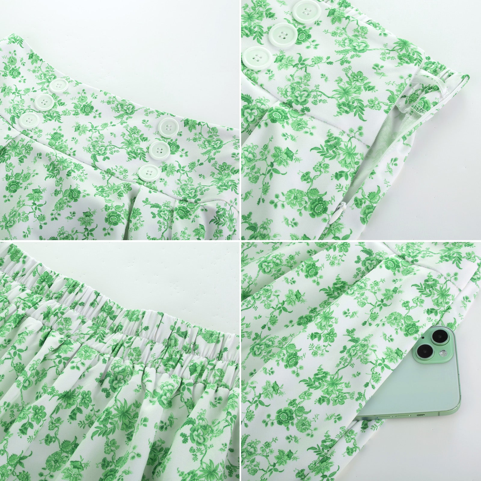 belle poque Pleated Buttons Decorated Elastic Waist High Waist Swing A-Line Skirt with Pockets