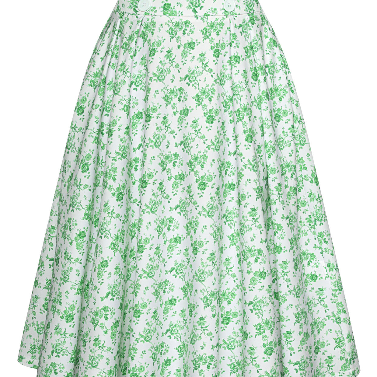 belle poque Pleated Buttons Decorated Elastic Waist High Waist Swing A-Line Skirt with Pockets floral green