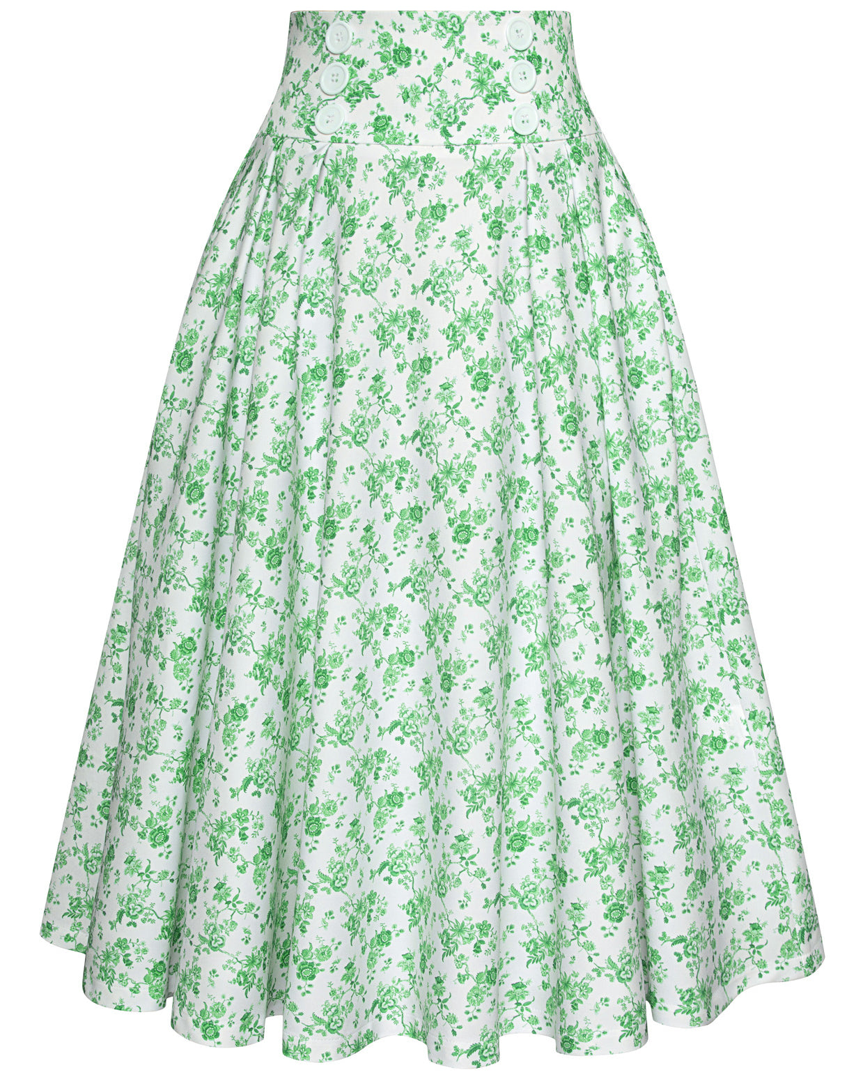 belle poque Pleated Buttons Decorated Elastic Waist High Waist Swing A-Line Skirt with Pockets floral green