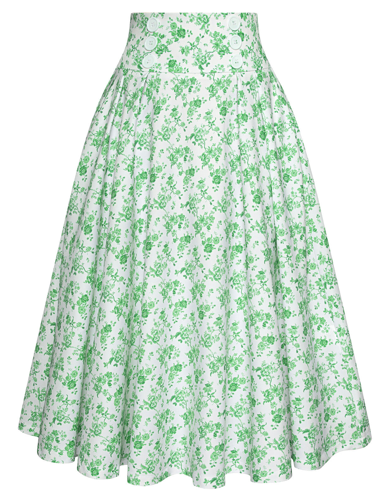 belle poque Pleated Buttons Decorated Elastic Waist High Waist Swing A-Line Skirt with Pockets floral green