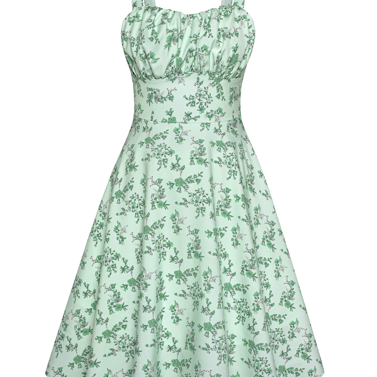 belle poque Vintage Two-Way Defined Waist Dress Ruched Bodice Flared A-Line Dress Green floral