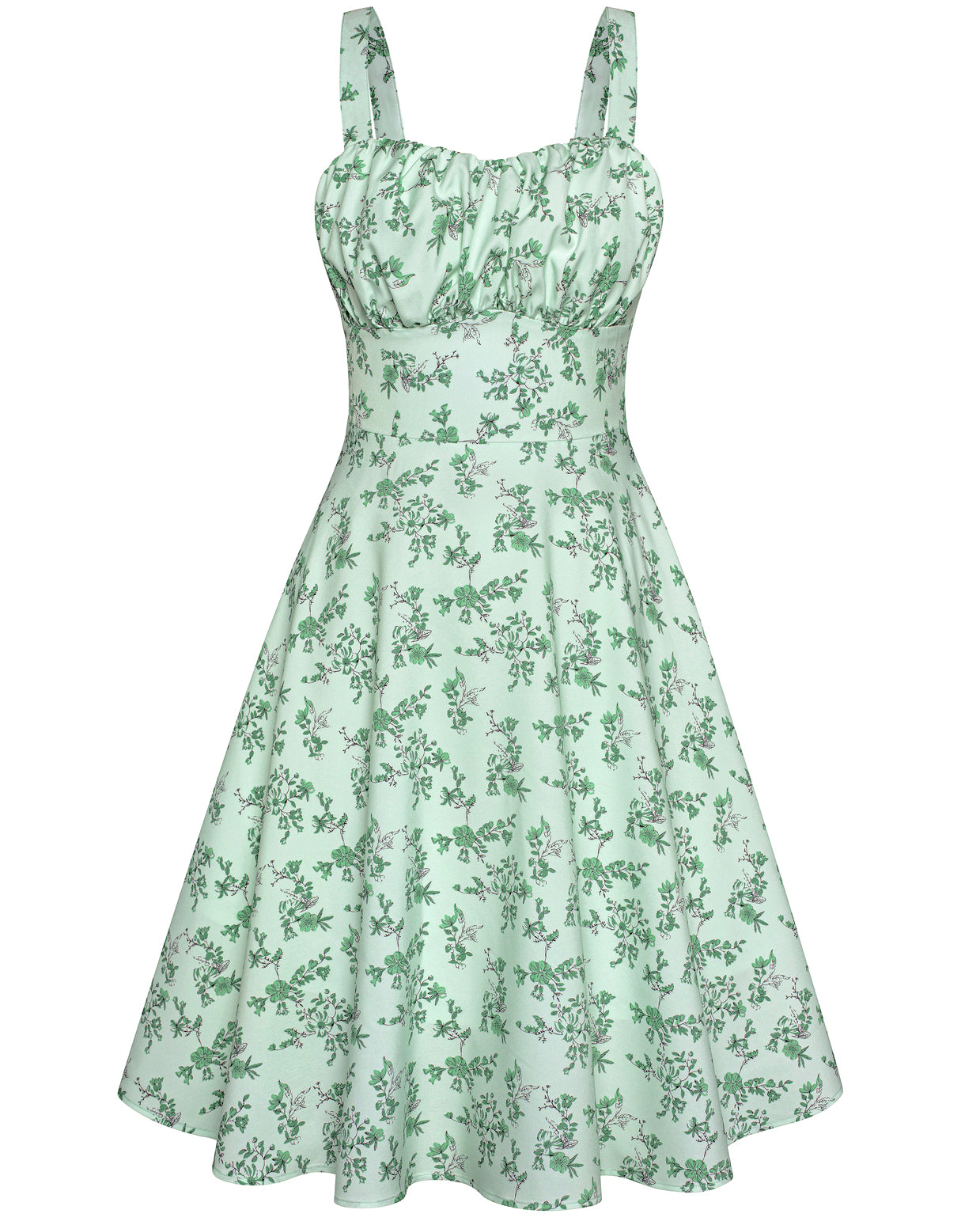 belle poque Vintage Two-Way Defined Waist Dress Ruched Bodice Flared A-Line Dress Green floral
