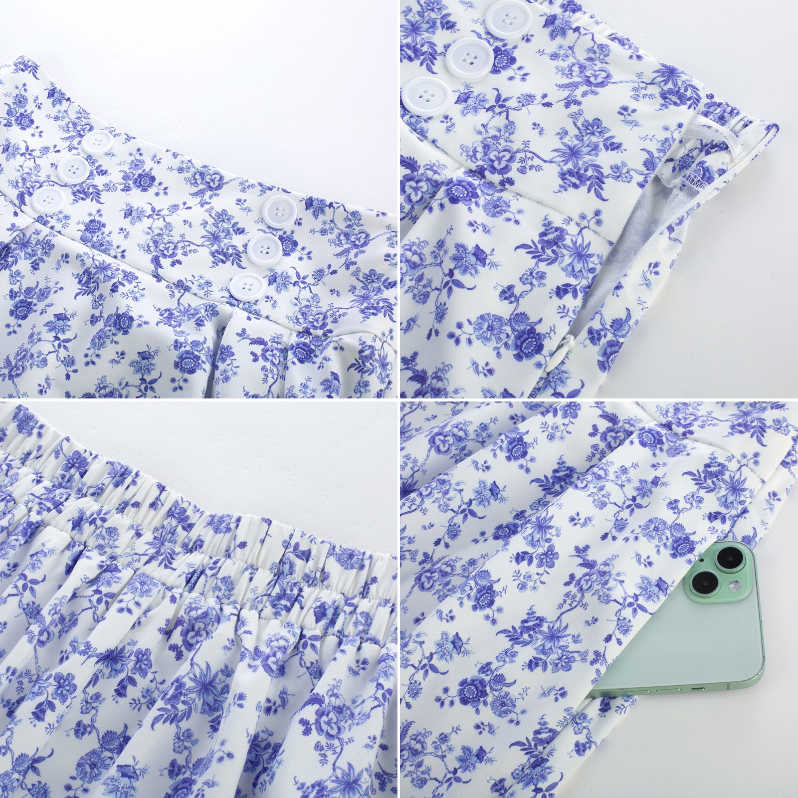 belle poque Pleated Buttons Decorated Elastic Waist High Waist Swing A-Line Skirt with Pockets