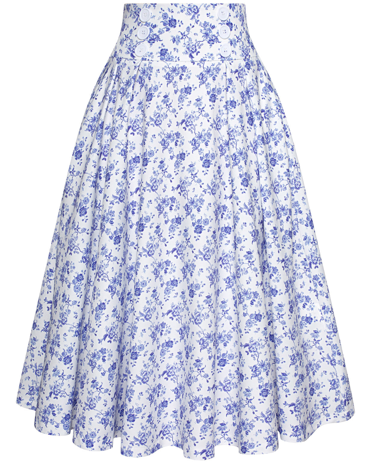 belle poque Pleated Buttons Decorated Elastic Waist High Waist Swing A-Line Skirt with Pockets floral purple