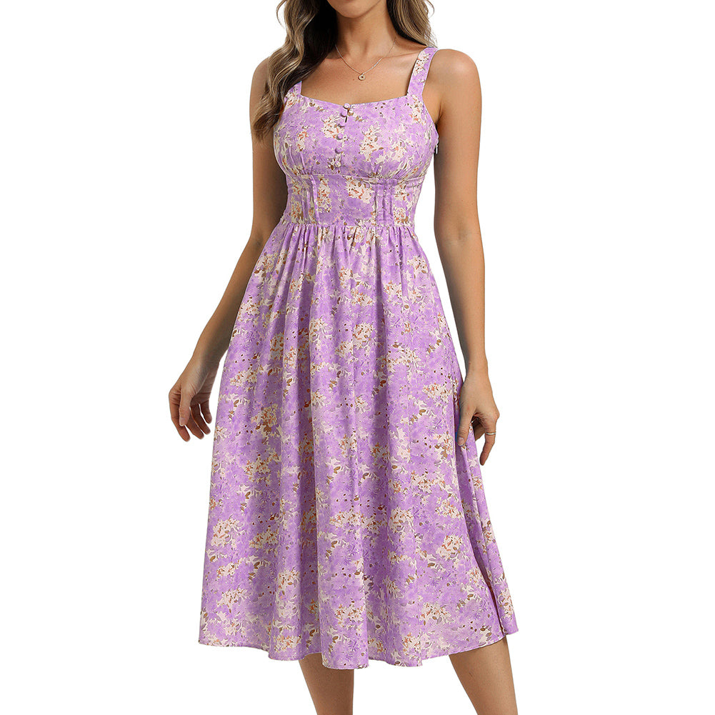 belle poque 2026 Vacation Floral Dress for Women Sundress Midi Flowy Beach Dresses Purple