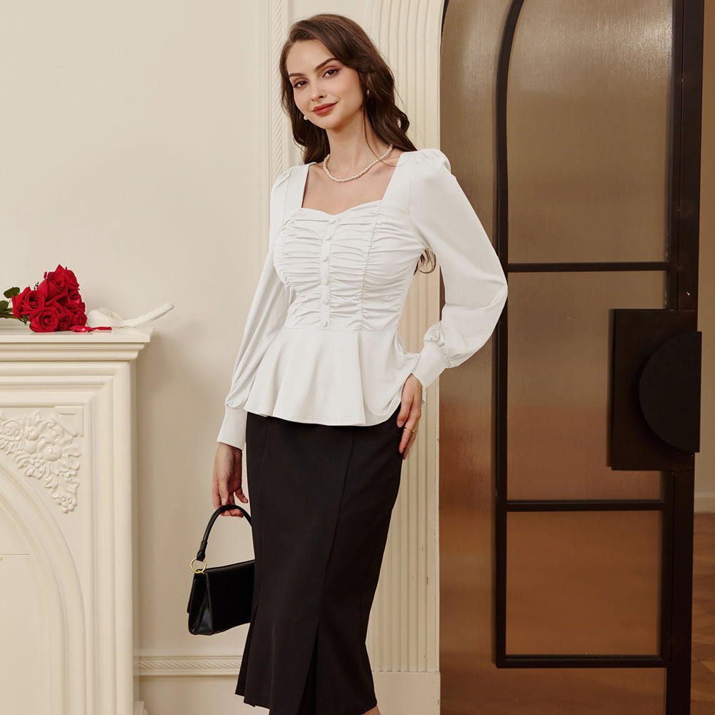belle poque Women Vintage Ruched Tops Puffed Long Sleeve Peplum Hem Tops
