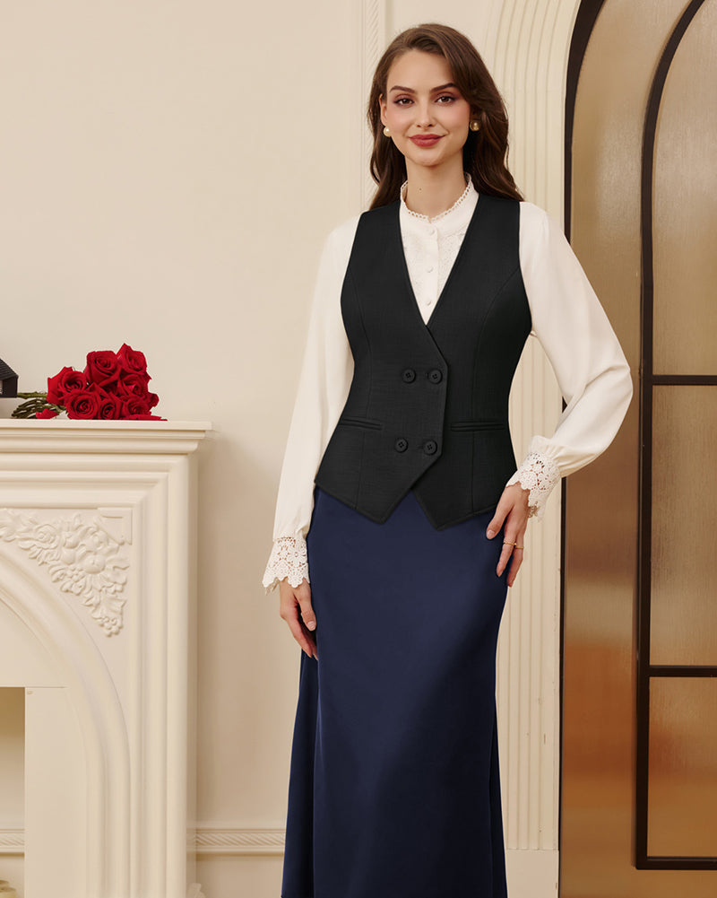belle poque Women Double Breasted Vest Coat V-Neck Handkerchief Hem Business Waistcoat