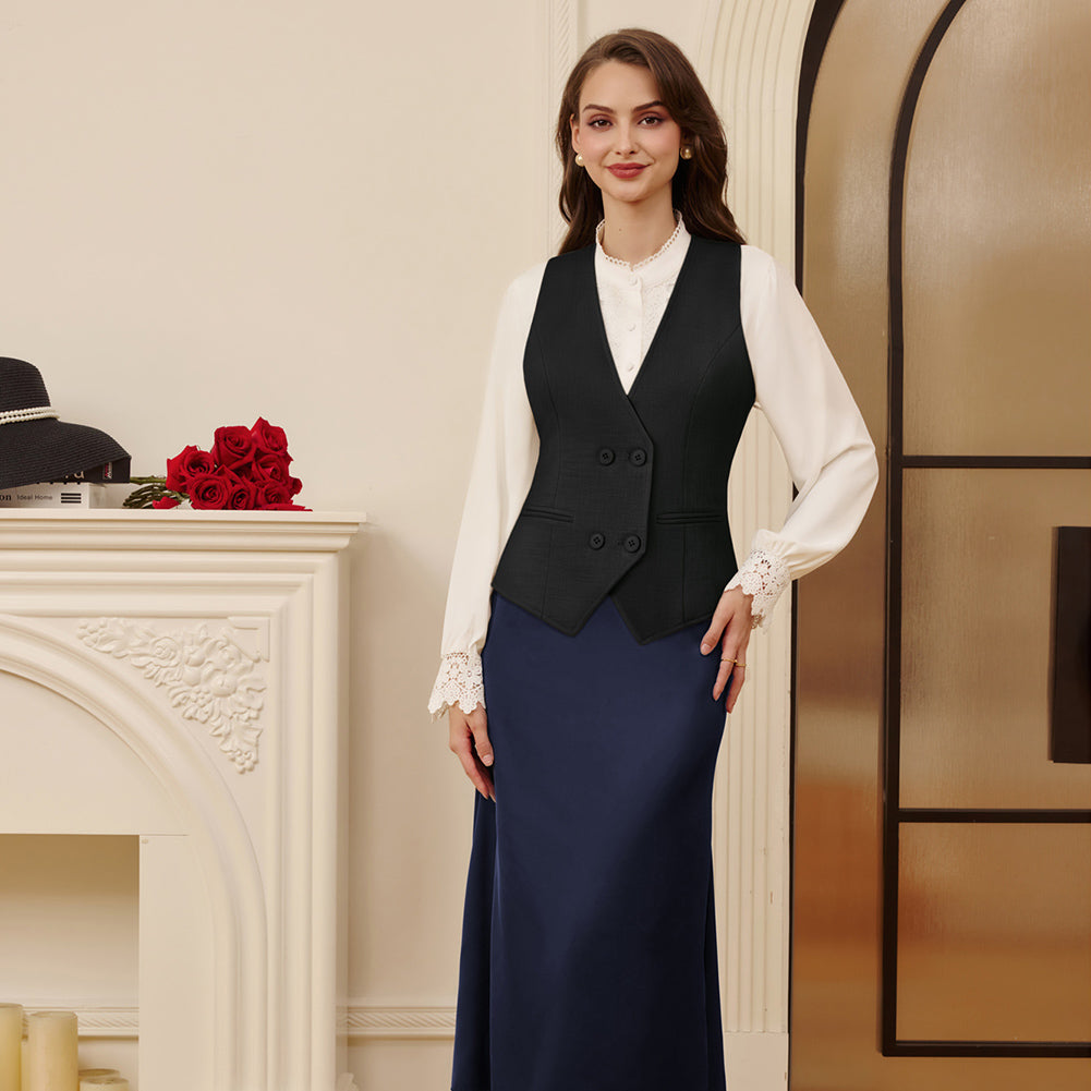belle poque Women Double Breasted Vest Coat V-Neck Handkerchief Hem Business Waistcoat