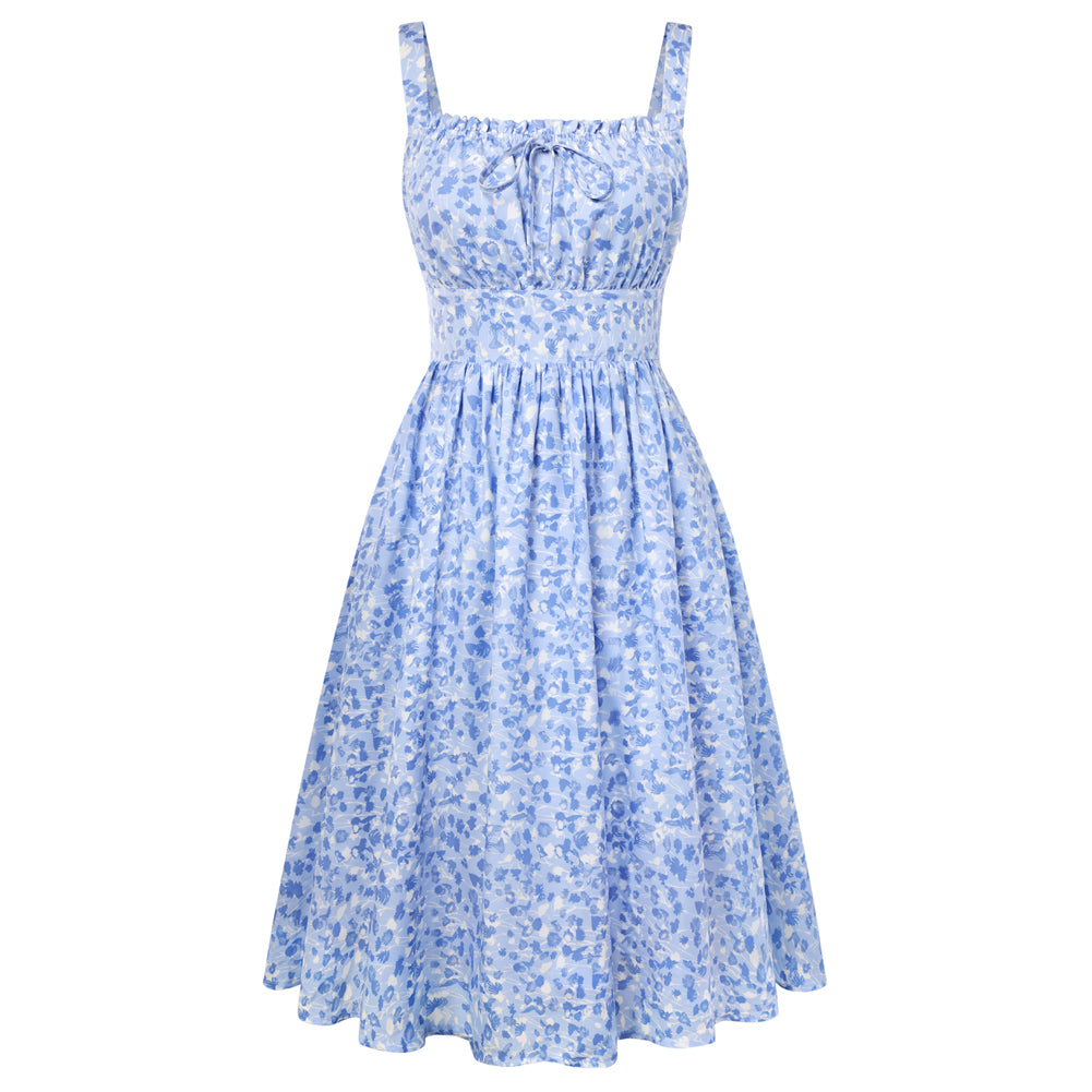 belle poque 2026 Summer Floral Dress Cute Milkmaid Dress with Pockets Blue