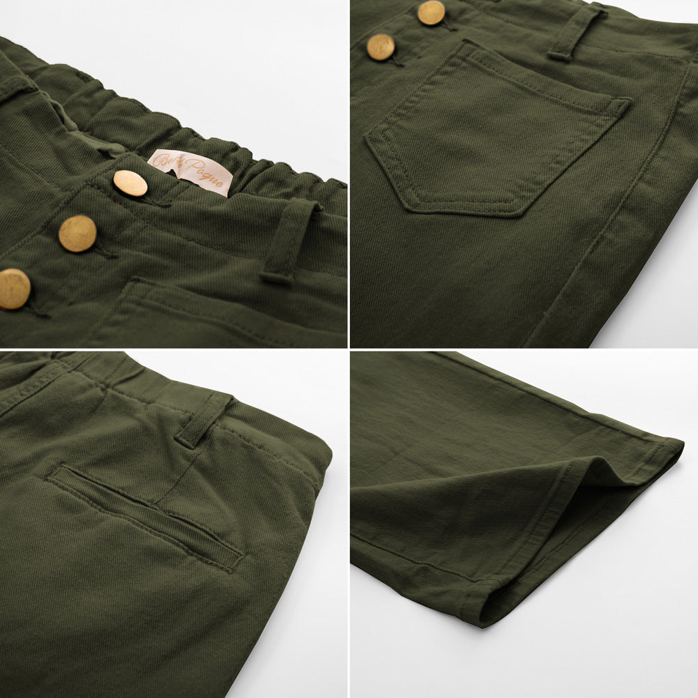 belle poque Vintage Straight Leg High Waisted Elastic Waist Multi-Pocket Flare Denim Pants