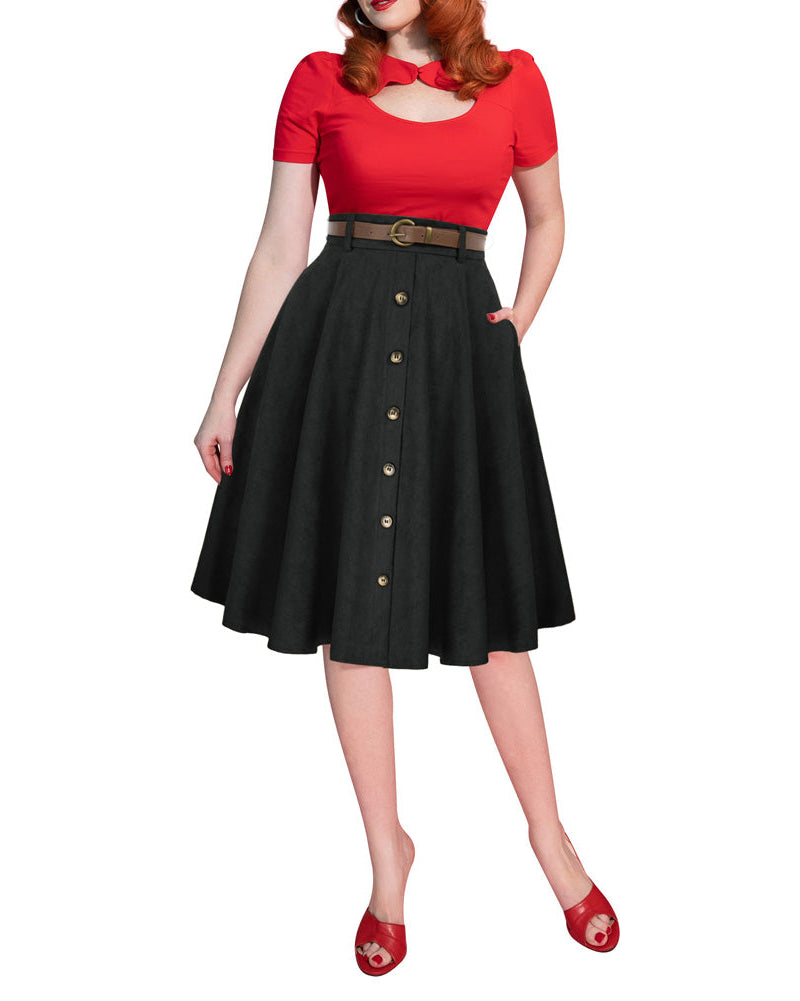belle poque Corduroy Skirt with Belt Elastic High Waist Mid-Calf Swing Skirt