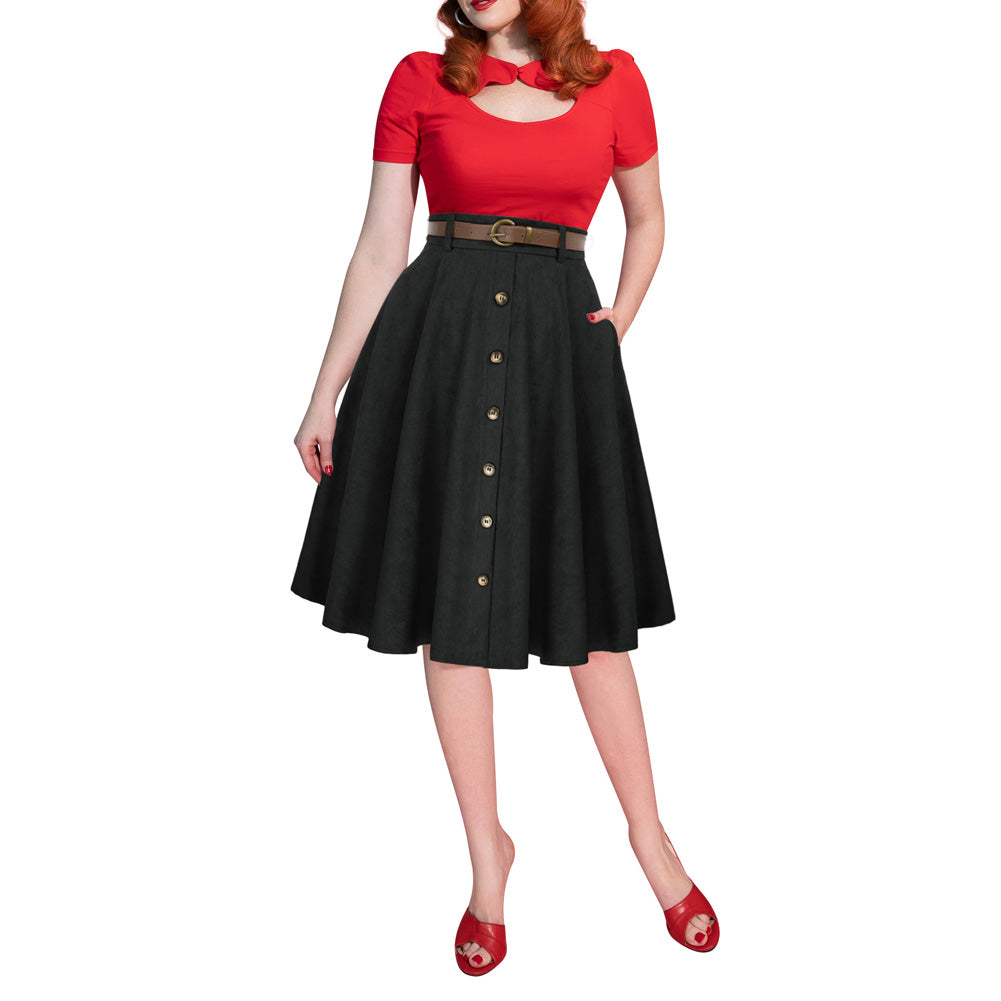belle poque Corduroy Skirt with Belt Elastic High Waist Mid-Calf Swing Skirt