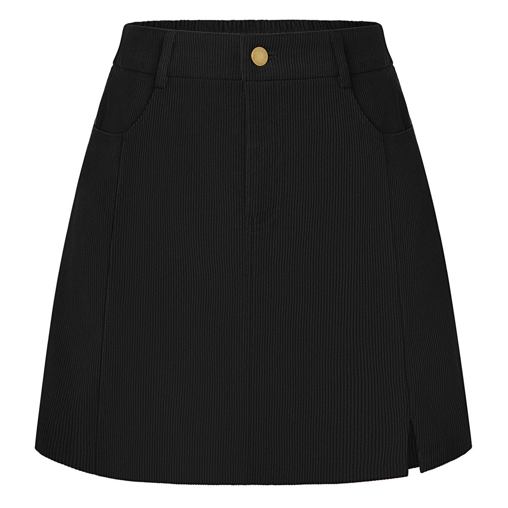 belle poque Women Vintage Corduroy Mini Skirt Elastic Waist Front Slit A-Line Skirt Black