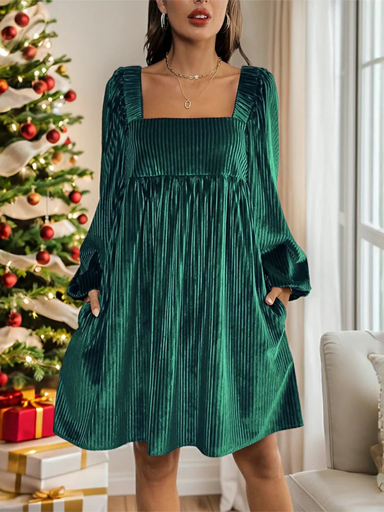 belle poque New Winter Christmas Warm Velvet Pockets Dress Green