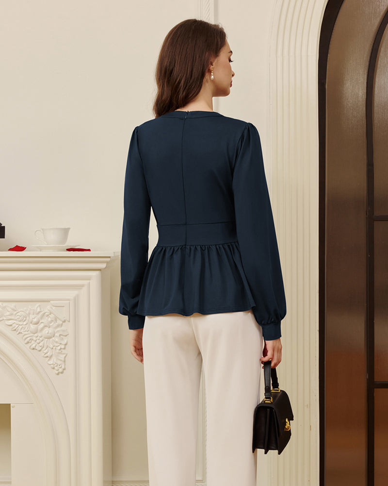 belle poque Women Retro Defined Waist Tops Long Lantern Sleeve Crew Neck Pullover Tops