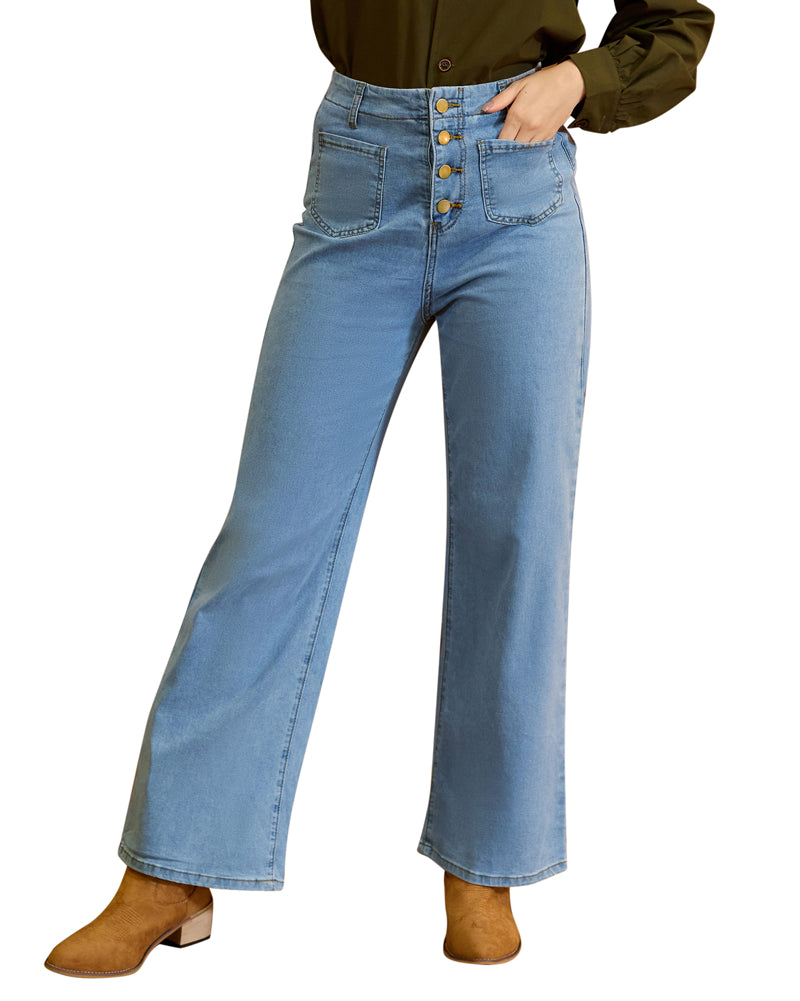 belle poque Vintage Straight Leg High Waisted Elastic Waist Multi-Pocket Flare Denim Pants
