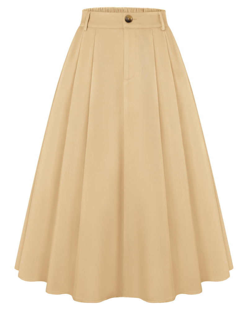 belle poque Women Vintage Swing Skirt Mid-Calf Length A-Line Skirt Khaki