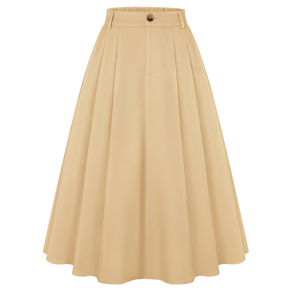 belle poque Women Vintage Swing Skirt Mid-Calf Length A-Line Skirt Khaki