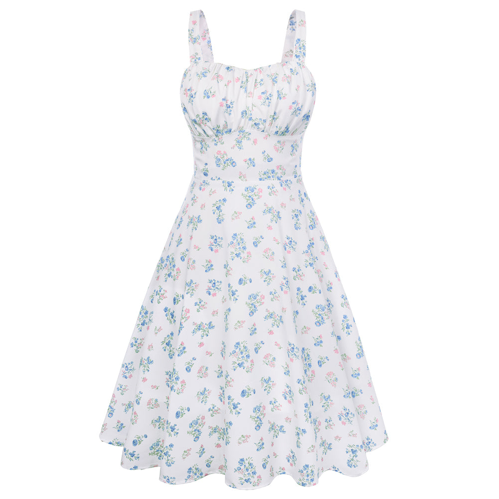 belle poque 1950s Women's Vintage Dresses Ruched Summer Cute Flowy Swing Midi Dress Blue