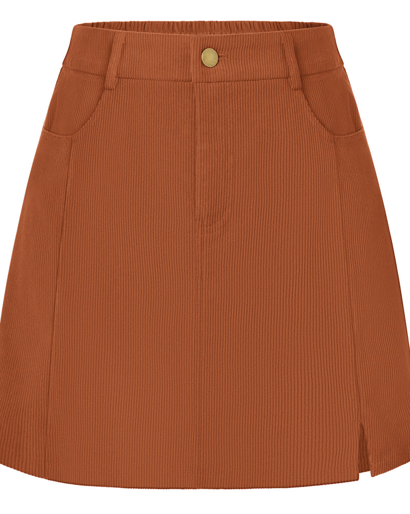 belle poque Women Vintage Corduroy Mini Skirt Elastic Waist Front Slit A-Line Skirt Orange