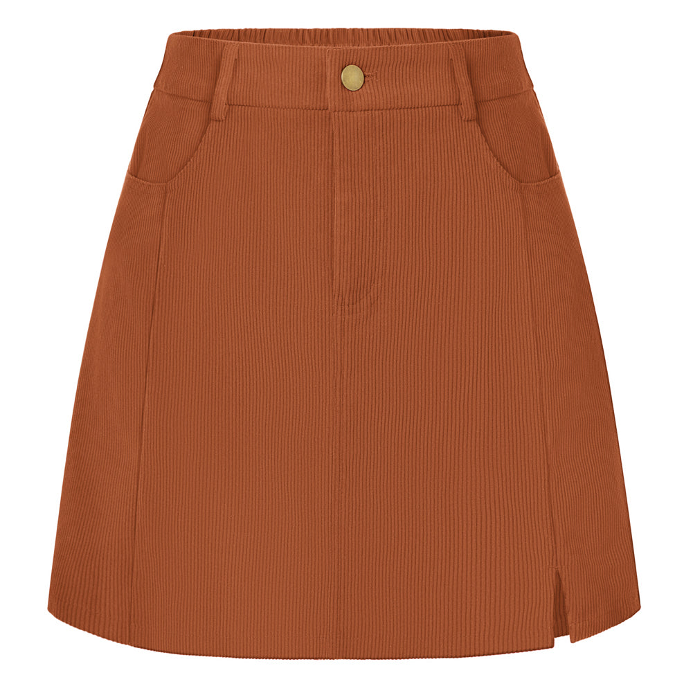 belle poque Women Vintage Corduroy Mini Skirt Elastic Waist Front Slit A-Line Skirt Orange