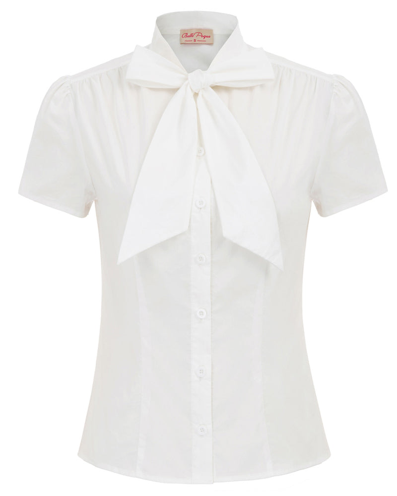 belle poque Summer Short Sleeve Office Button Down Blouse Stripe Shirt Tops with Bow Tie White